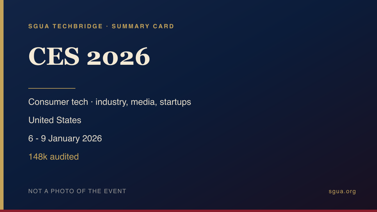CES 2026 summary card with topic, country, dates and scale — not a photo of the event