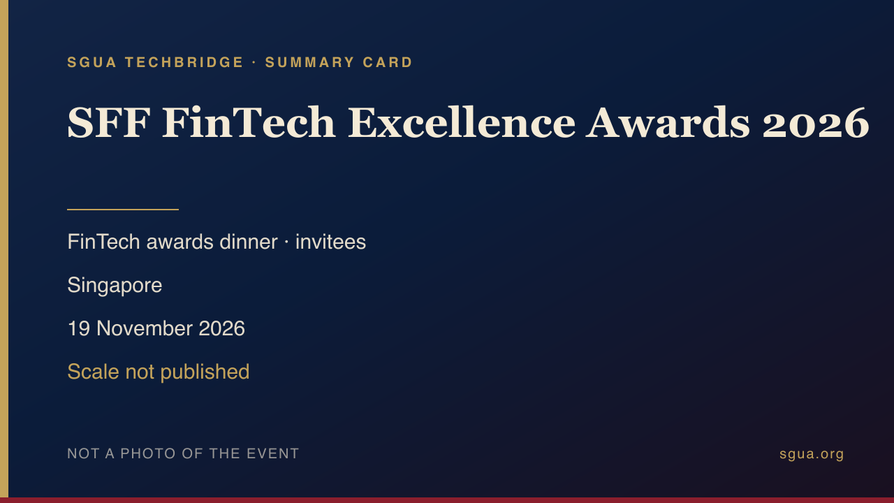 SFF FinTech Excellence Awards 2026 summary card with topic, country, dates and scale — not a photo of the event