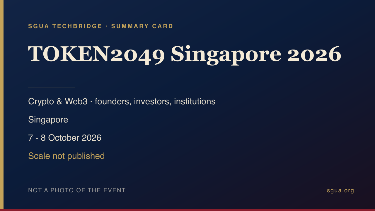 TOKEN2049 Singapore 2026 summary card with topic, country, dates and scale — not a photo of the event